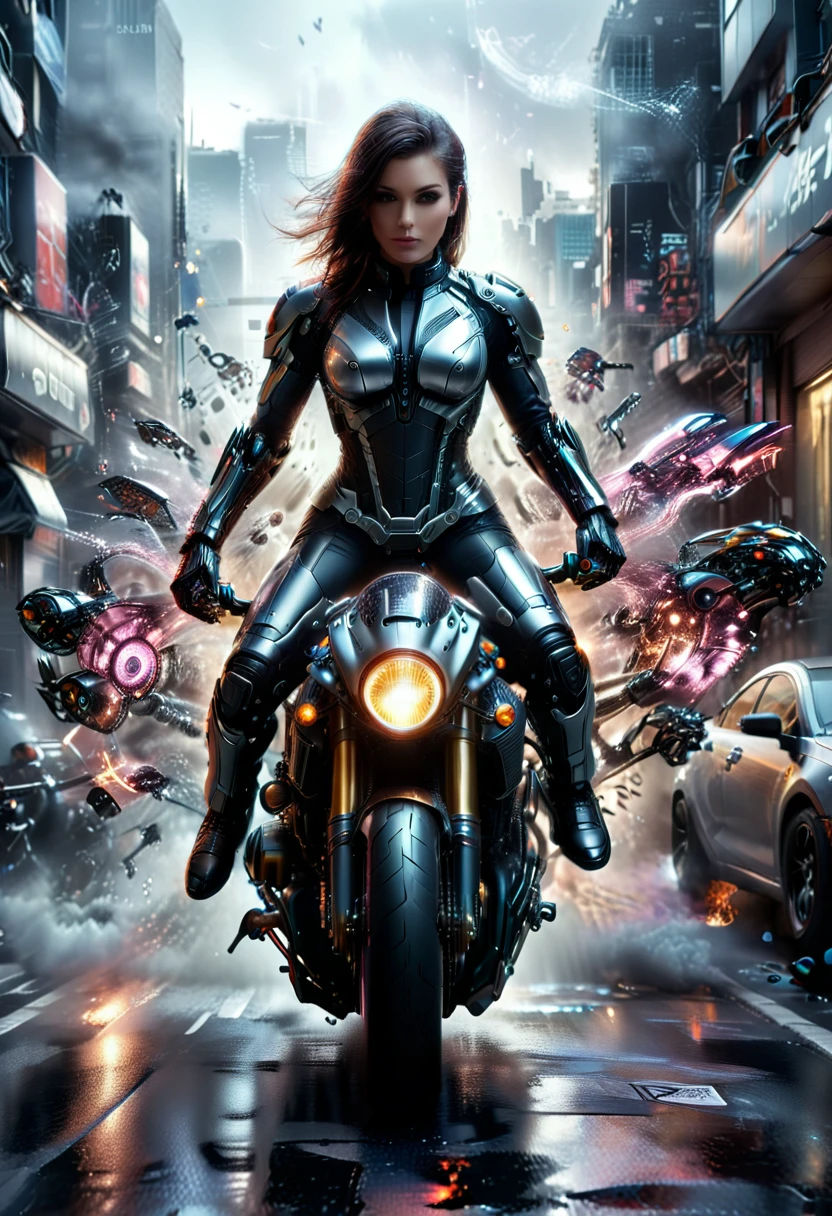  the street, the motorcycle, Female cyborg riding a high-tech motorcycle, best quality, high quality, absurdres, masterpiece, beautiful, intricate details, 1/2 body crop, slim body, beautiful figure, magnificent anatomy, (intricate details:1.12), HDR, (intricate details, hyper-detailing:1.15), (natural skin textures, hyper realisitc, soft light, Sharp:1.2)