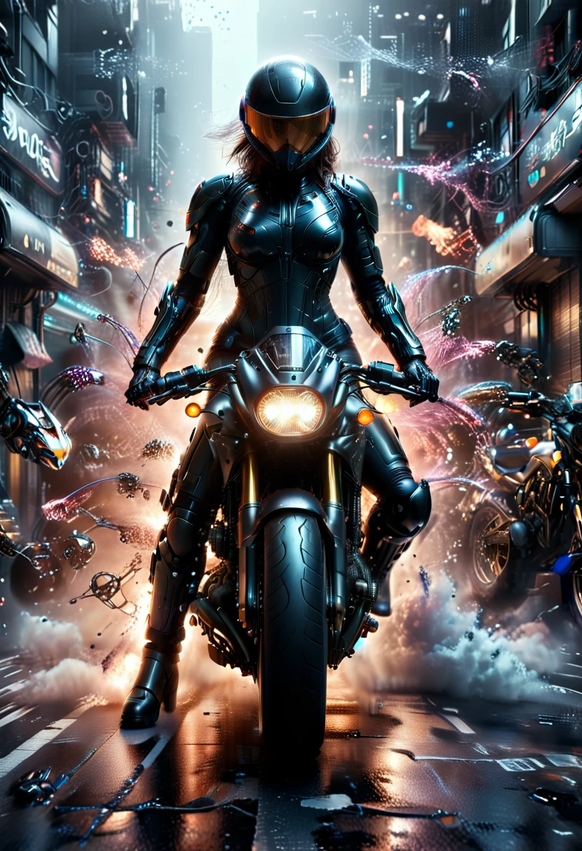  the street, the motorcycle, Female cyborg riding a high-tech motorcycle, best quality, high quality, absurdres, masterpiece, beautiful, intricate details, 1/2 body crop, slim body, beautiful figure, magnificent anatomy, (intricate details:1.12), HDR, (intricate details, hyper-detailing:1.15), (natural skin textures, hyper realisitc, soft light, Sharp:1.2)