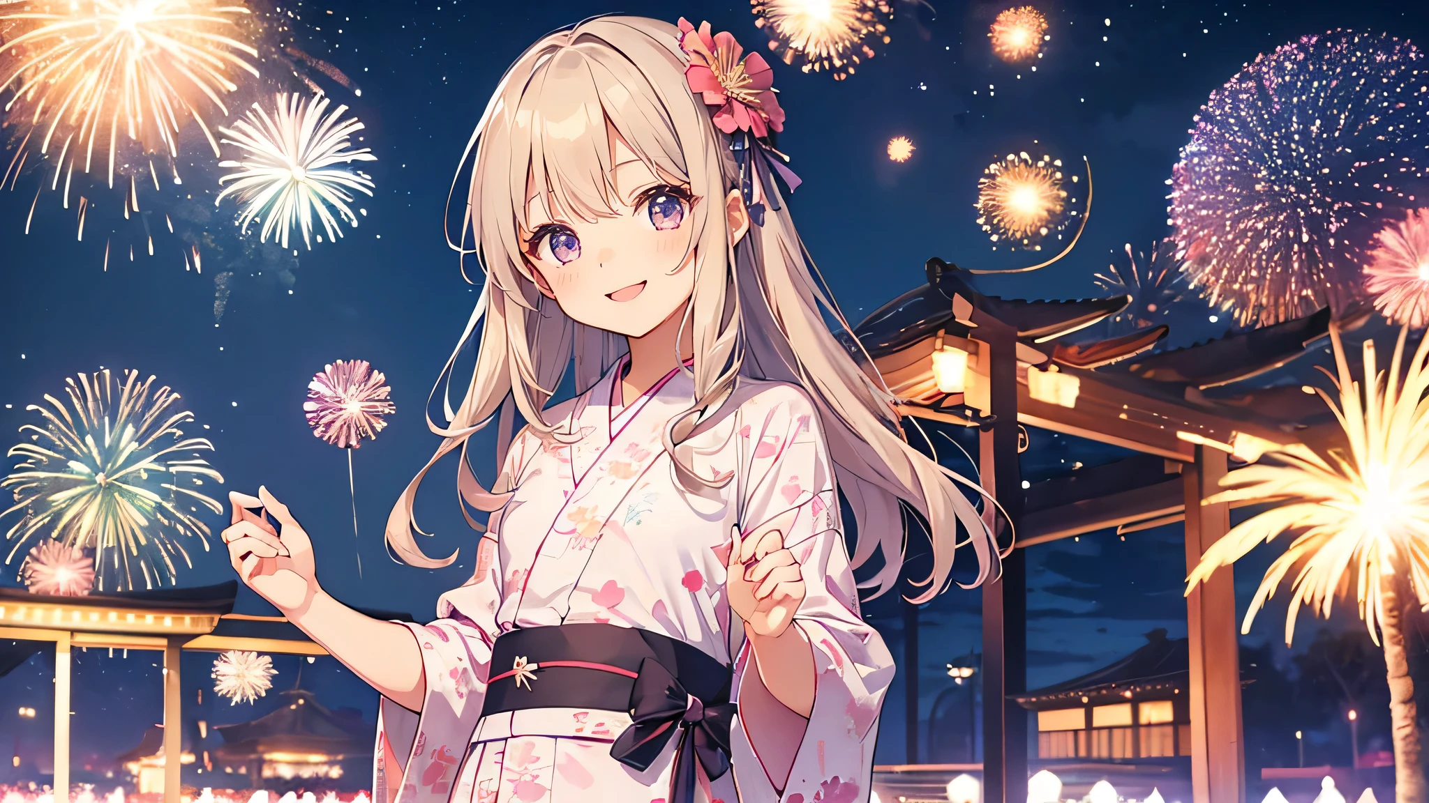 very cute、、girl、Long Straight Hair、Beautiful yukata、Night Sky、Countless fireworks、smile、






















