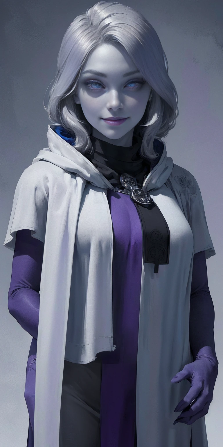 (1solofemale) (smile) grayscale skin, pale golden hair and violet eyes. She prefer clothing of white and silver with cloaks of deep blue, blue or purple background (Masterpiece, highres, 4k, very precise detailed)