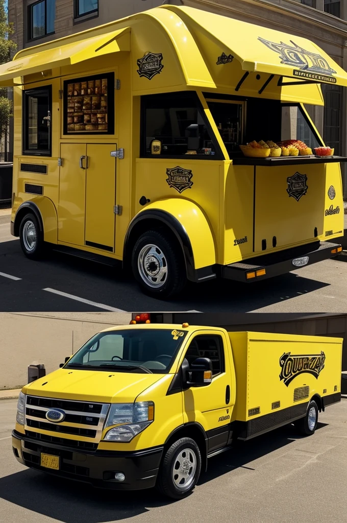 You can create a black and gold foos truck with the name hamburguizza and it will be somewhat similar to the food truck, this one on its side.

