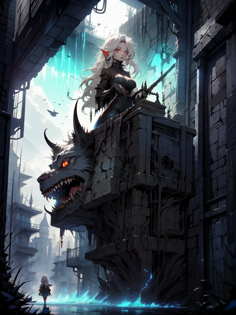 high-quality, ultra-detailed, white hair, long disheveled hair, colored skin, ((gray skin)) red eyes, glowing eyes, underground scene, very big breasts, elf ears, pointed ears, blue aura, monster girl, monster girl, goth girl, goth makeup, pawg, tomboy, Dark, Ethereal, fantasy, details, style, gothic, melacholy, allusive, goblin girl, goblin girl
