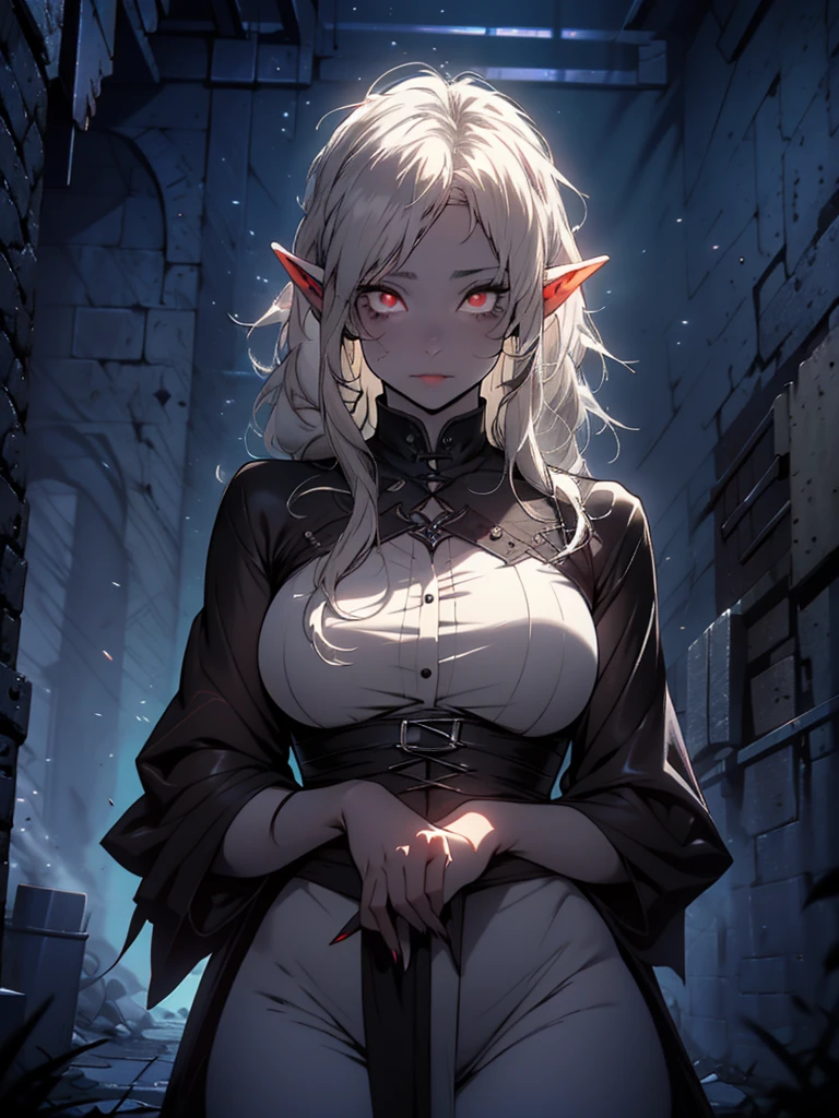 high-quality, ultra-detailed, white hair, long disheveled hair, colored skin, ((gray skin)) red eyes, glowing eyes, underground scene, very big breasts, elf ears, pointed ears, blue aura, monster girl, monster girl, goth girl, goth makeup, pawg, tomboy, Dark, Ethereal, fantasy, details, style, gothic, melacholy, allusive, goblin girl, goblin girl