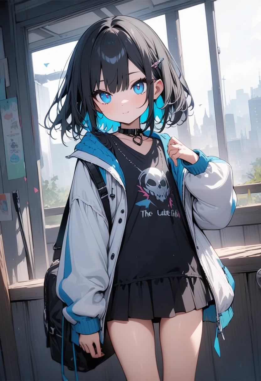high quality, 最high quality、 Stylish design, (((The cutest girl))), ((Thin legs))、(((最high quality))), High resolution, ((detailed)), ((masterpiece)), ((Super detailed)), 17-year-old girl,(8th life),(camisole、mini skirt),((Black Hair,Inner Color)),((Sexual)),((Turn around))