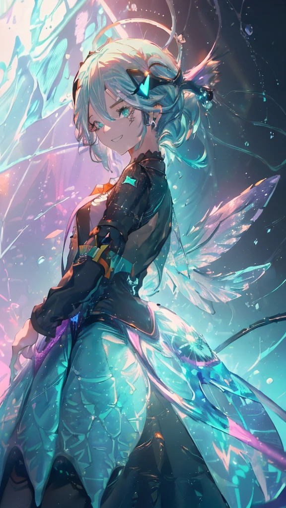 (Highest Quality),(Masterpiece),(Super Precision),((Detailed Eye Detail:2.0)),(Lens Flare:1.0),(Movie Poster:1.5),(Tarot Card Frame:1.0)),(Centered Portrait,(Close-Up:1.0),(Negative Space:1.6));(Centered Portrait.
(floating multicolored {wind|water magic|ink|crystal|ice|fire|flame|lightning|spider web|rock|sand|particles|glitter|blood}:1.0),(many multicolored {soap bubbles|clouds|spines|sharp projections|vines|flow|spiral|wings|wings|tattoo|cube|octahedron}:1.0),(floating {red|green|blue| aqua|purple|yellow|black|white|gray|pink|orange|lime} {ribbon|feather|particle|blade|water drop|snowflake|soft sphere}:1.0), ({magic|wings}:1.0), ({ray tracing,glow|sunshine,rays of light through trees, caustics|night,black theme|mysterious,spooky|easy,pastel}:1.2), ({colorful|rainbow colors|multicolor}:1.0),(beautifully detailed glow:1.0);(beautifully detailed
(alone),({leans forward|leans back|leans sideways|}:1.2),{expression:(smile:1.0)|(grin:1.7)|},({small|small|lips,eyelashes}:1.0),{(open mouth:1.0)|(closed mouth:1.0)|},({eyelashes|eyeshadow |||}),{one eye closed},({red|green|blue|aqua|purple|yellow|black|white|gray|pink|orange|lime} hair:1.4),({short|long|medium} hair:1.0),({from below|top|side|back|front facing}:1.3),(halo:1.3),(tilting head:1.3) 1.5),(dynamic pose:1.1),(asymmetrical hairstyle:1.2),({red|green|blue|aqua|purple|yellow|black|white|gray|pink|orange|lime} {armor|dress|collared shirt|suit|dress}:1.0),({formal|service uniform|tech wear|urban style|casual,casual clothes|fantasy,wizard|wild,tribal|sci-fi,futuristic}),({checked skirts|layered skirts|fluffy dresses|tights|trousers|shorts:1.5}),({blue|aqua|purple|black|} {eyes|eye}:2.0),{( forehead:1.5)),{asymmetrical bangs|diagonal bangs|hair between eyes|pantsed bangs|flushed bangs},{one eye hidden|ponytail|high twintail:2.0},{straight hair|wavy hair|drill hair||},{long coat|suit jacket|cloak|sweater| tie}