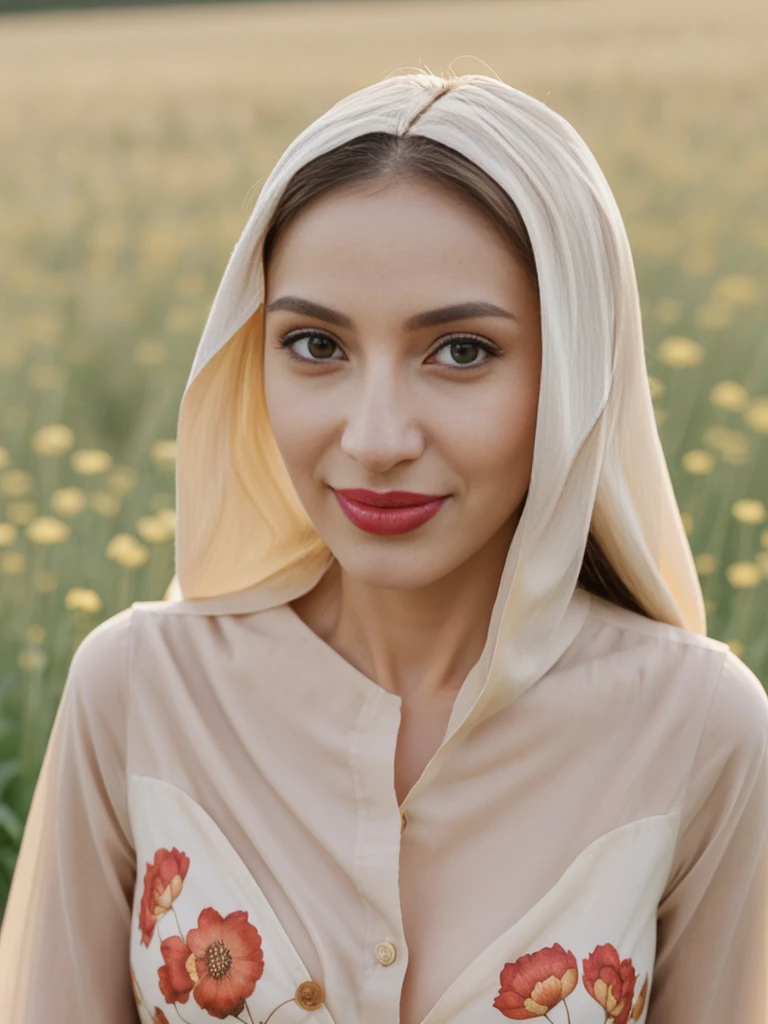 Noura, 1girl, solo, ((Qatari woman)), consistent face and body, ((MILF)), ((30 years old)), (mature), ((slim)), ((Qatari face)), (Qatari nose), (Qatari lips), ((cranky hair)), upper body and upper legs, (background: city flower field at sunset), BREAK, (wearing light-cream printed Flare Dress), smirking, teasing