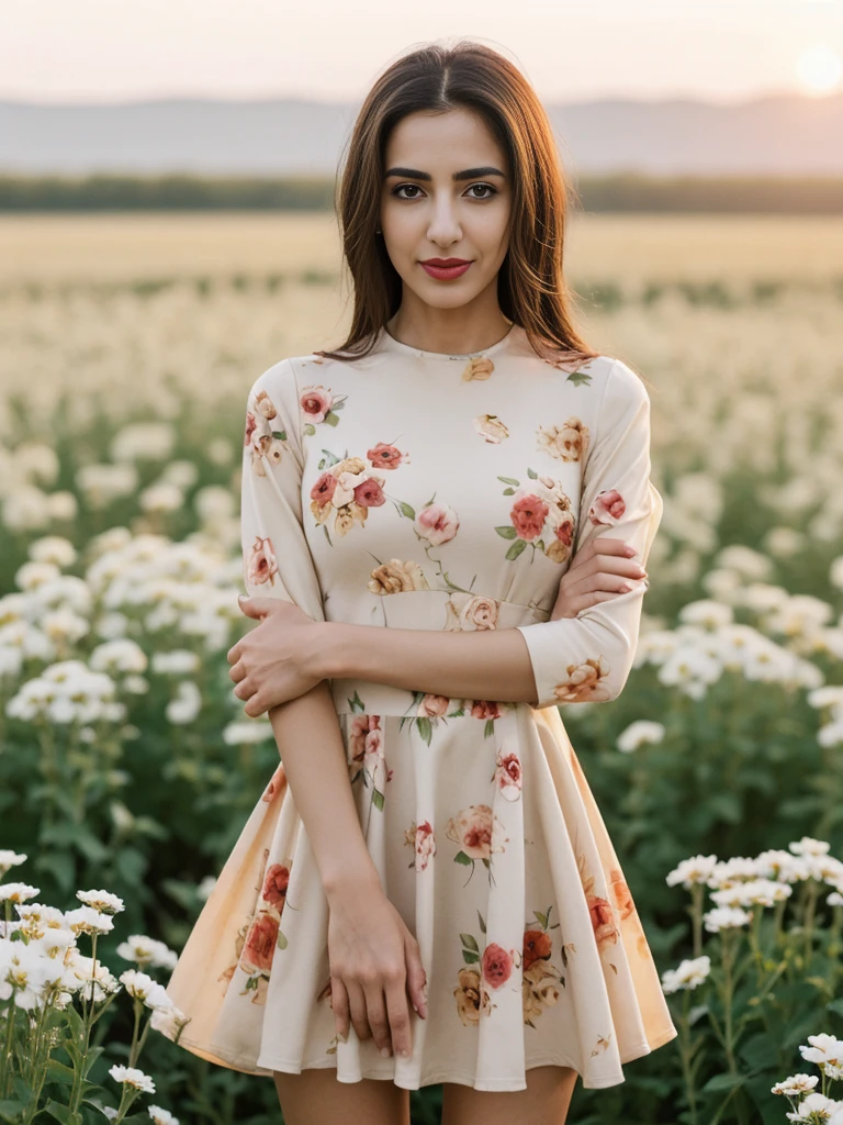 Noura, 1girl, solo, ((Qatari woman)), consistent face and body, ((MILF)), ((30 years old)), (mature), ((slim)), ((Qatari face)), (Qatari nose), (Qatari lips), ((cranky hair)), upper body and upper legs, (background: city flower field at sunset), BREAK, (wearing light-cream printed Flare Dress), smirking, teasing
