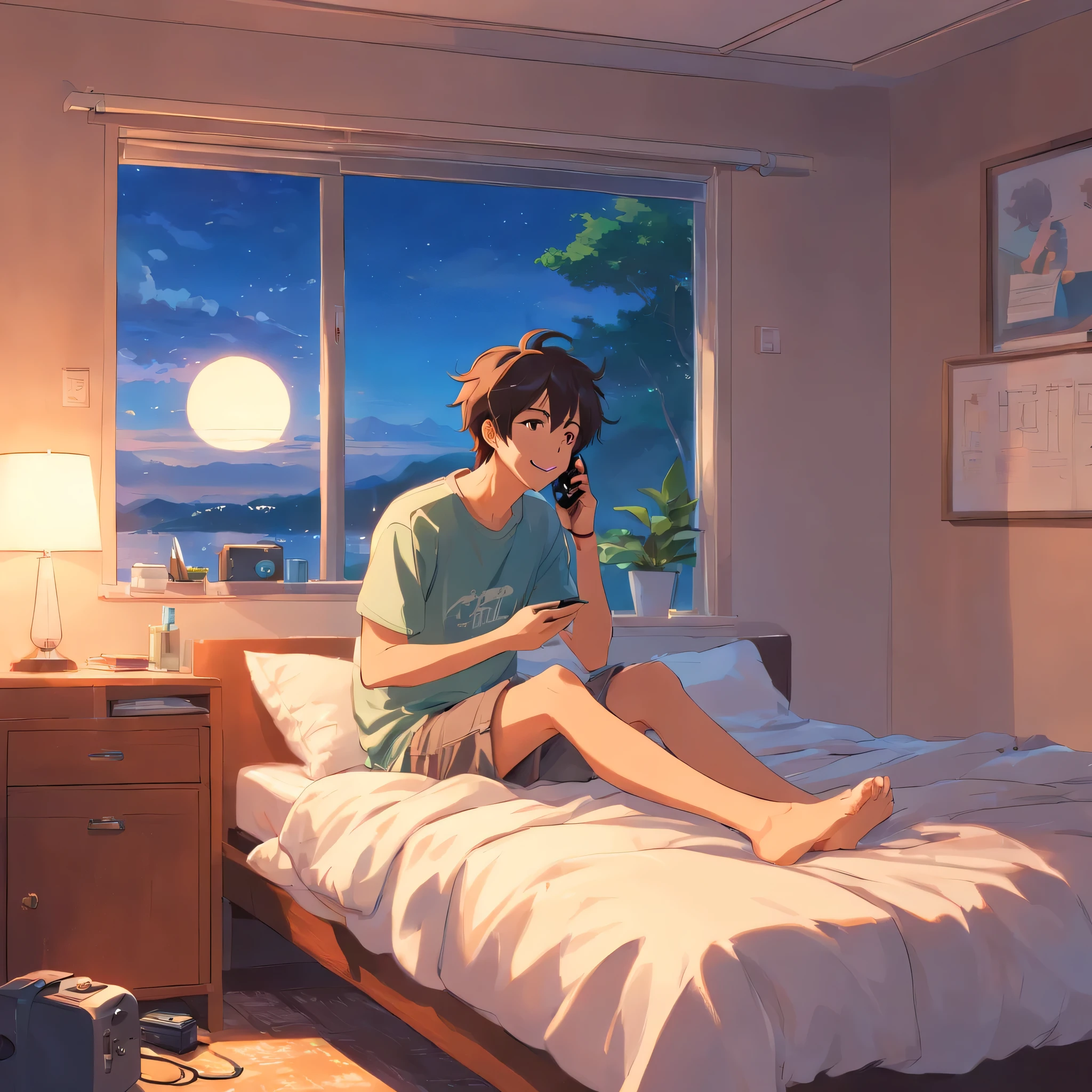 A 22 year old boy talking to his girlfriend on a phone call in his room sitting on his bed and looking happy