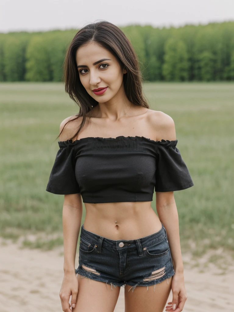 Noura, 1girl, solo, ((Qatari woman)), consistent face and body, ((MILF)), ((30 years old)), (mature), ((slim)), ((Qatari face)), (Qatari nose), (Qatari lips), ((cranky hair)), upper body and upper legs, (background: overlooking eco-park in Manitoba), BREAK, (wearing light-black off shoulder blouse and ripped shorts), smirking, picnic shoot
