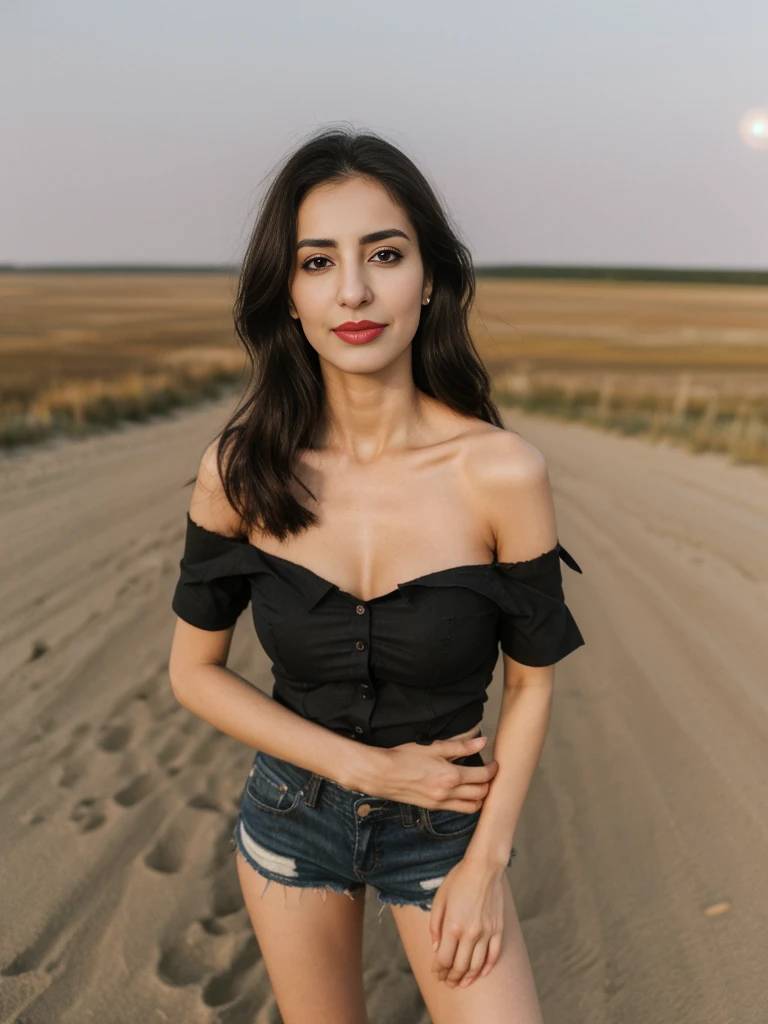 Noura, 1girl, solo, ((Qatari woman)), consistent face and body, ((MILF)), ((30 years old)), (mature), ((slim)), ((Qatari face)), (Qatari nose), (Qatari lips), ((cranky hair)), upper body and upper legs, (background: overlooking eco-park in Manitoba), BREAK, (wearing light-black off shoulder blouse and ripped shorts), smirking, picnic shoot
