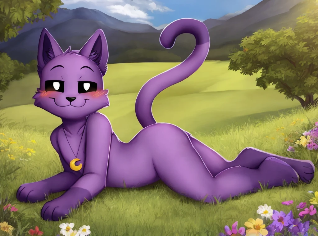  beautiful background, detailed background, grass, three-quarter view, 
BREAK, 
 Baby Catnap, in panties, naked, split hole, laying on the ground, smile, blush, looking at viewer, cute, closed mouth, black eyes with white pupils, black mouth, (yellow crescent-shaped necklace), purple fur, great anatomy, long cat tail, pawspads