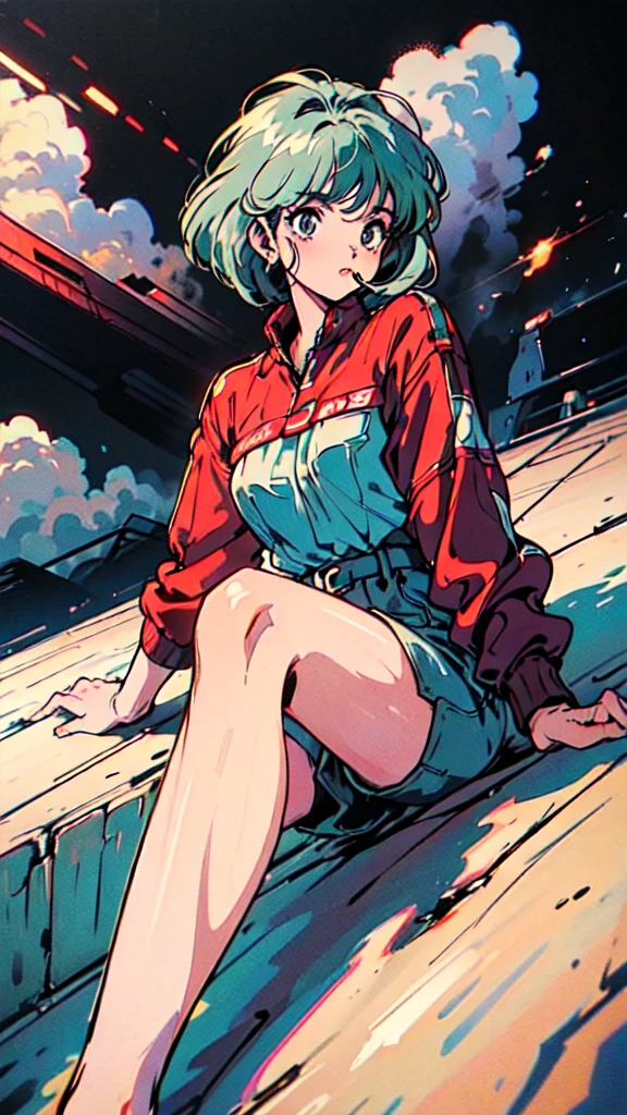 (80's, Retro, Poster:1.5), (masterpiece, 最high quality), (anime, figure), (pastel colour:1.4), Best Photo Poses, Dynamic Angle, high quality, High resolution, Attention to detail, Haruka is short, Shiny green hair, Sharp brown eyes behind glasses, calm attitude. She is often seen looking immaculate in her .。, Humble, above knees picture 80’s anime vintage style, Black Background