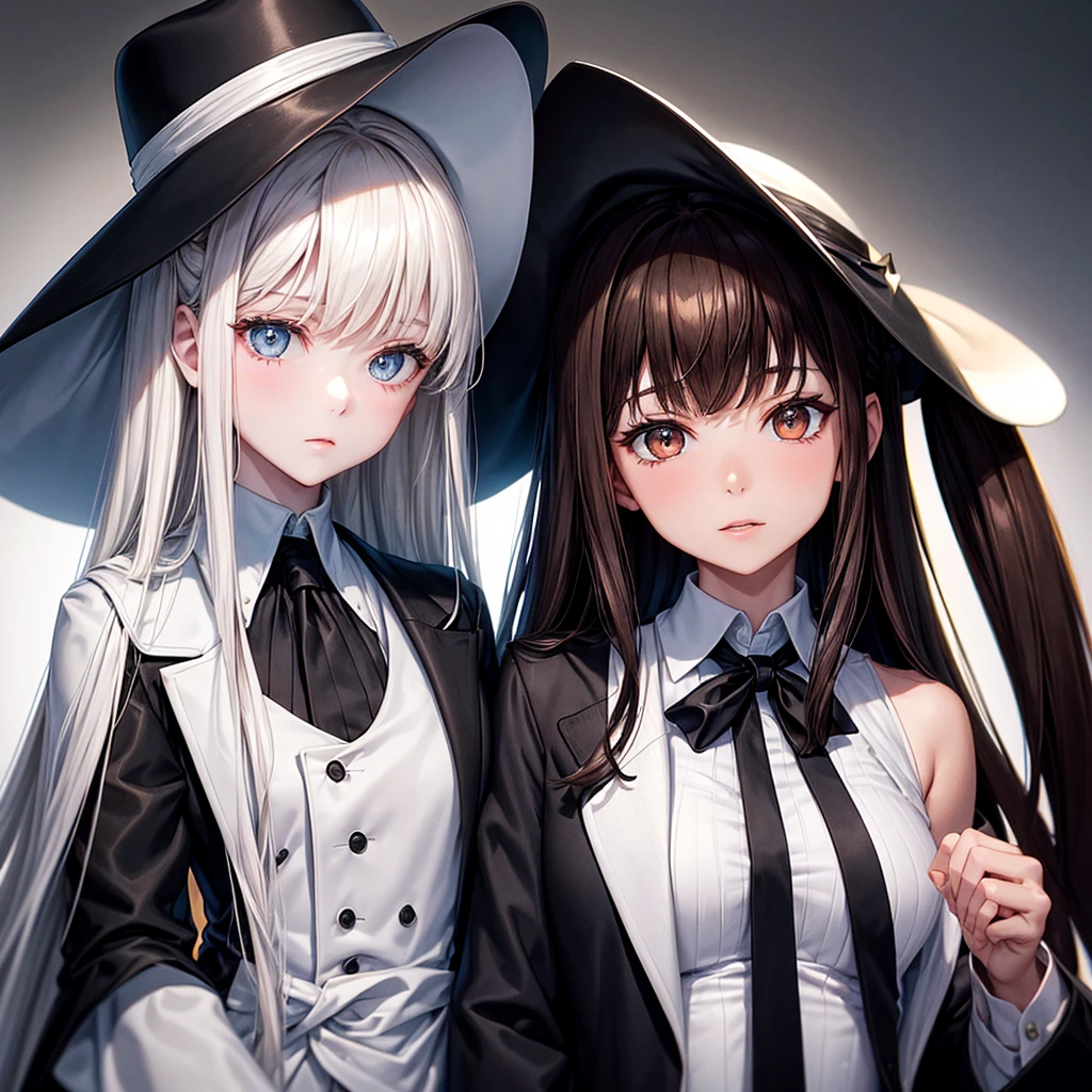 long skirt, White hair, hair on one eye, Mini top hat, Moles under eyes, Red eyes, jitome, Yandere, excited, Sleepy, poison fangs, Moles under eyes, Moles under eyes, Mini top hat, Mini top hat, Long hair, Long hair, Long hair, Long hair, Gothic art, Ray tracing, Motion blur, 巨作, 16k