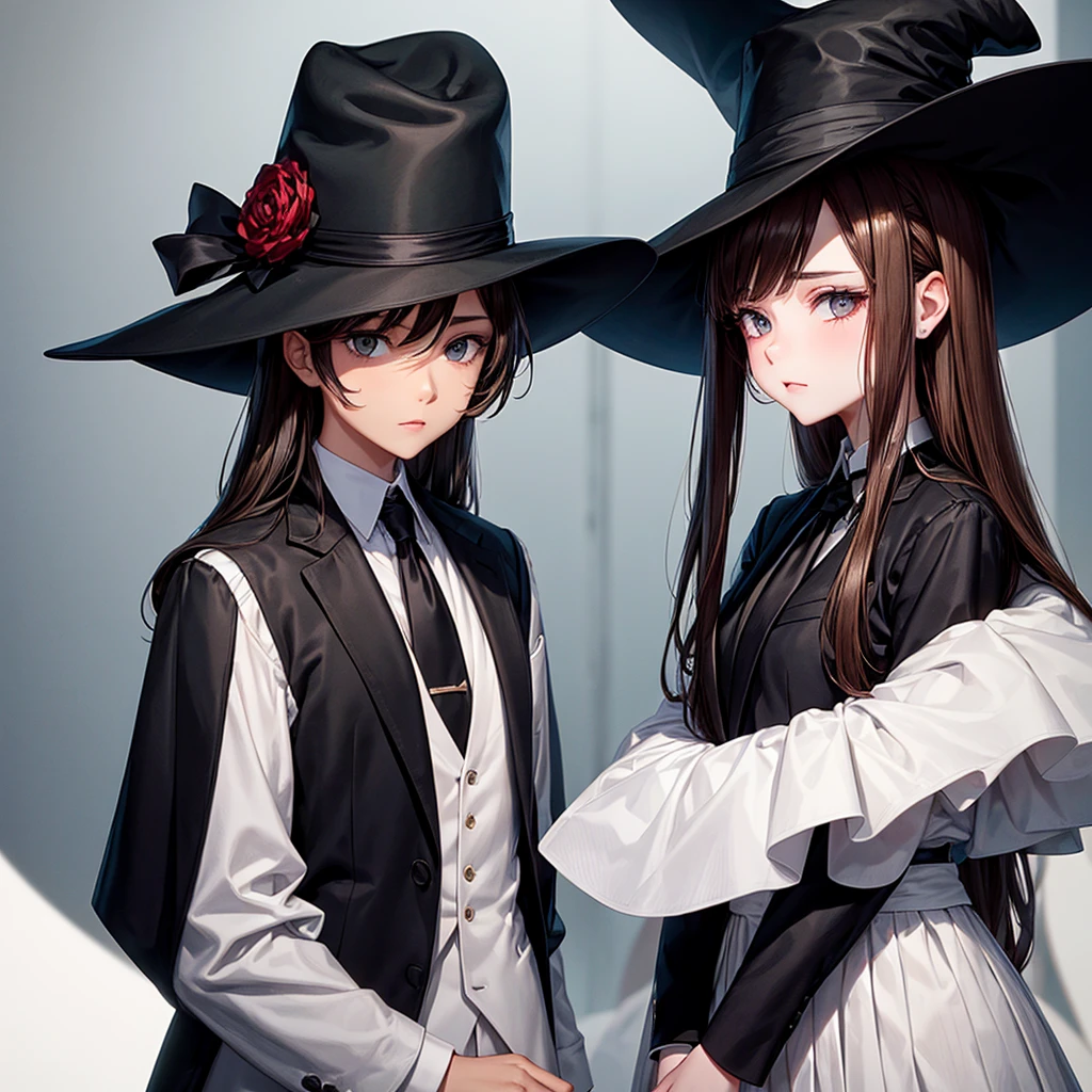 Girl with brown hair and white skin but wearing a black suit and black hat with a white band,next to a man in a black suit and a black hat with a white stripe,the two people with red ties