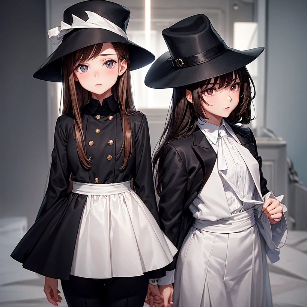 Girl with brown hair and white skin but wearing a black suit and black hat with a white band,next to a man in a black suit and a black hat with a white stripe,the two people with red ties