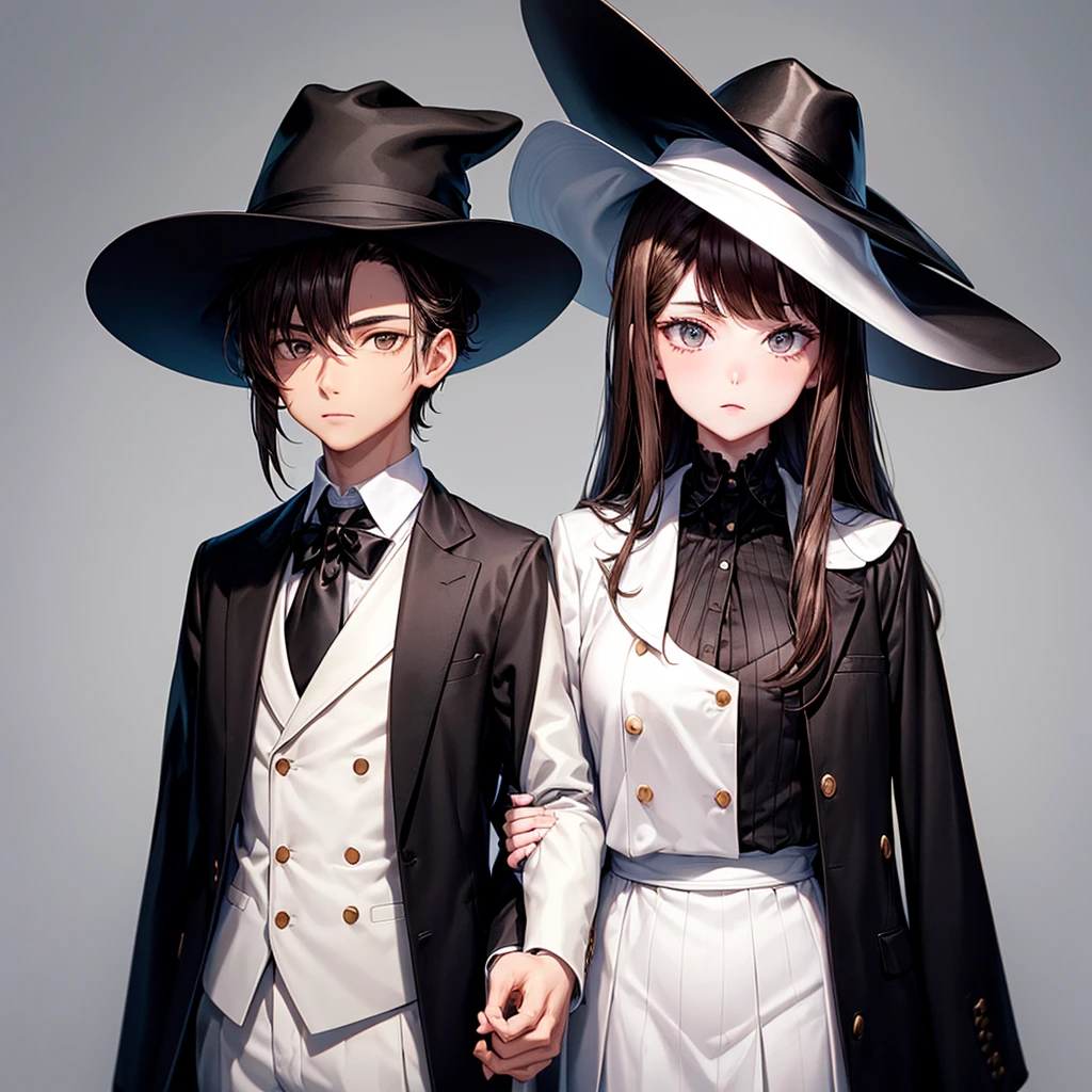 Girl with brown hair and white skin but wearing a black suit and black hat with a white band,next to a man in a black suit and a black hat with a white stripe,the two people with red ties