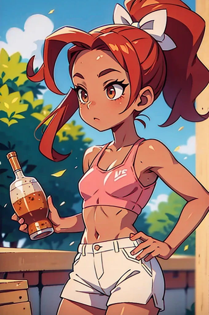 blair, a full naked girl, hair divided with highlights and a ponytail with a small pink bow holding the ponytail, light wine red hair, light honey eyes, slightly tanned skin, mouth with a light pink lipstick, female nipple