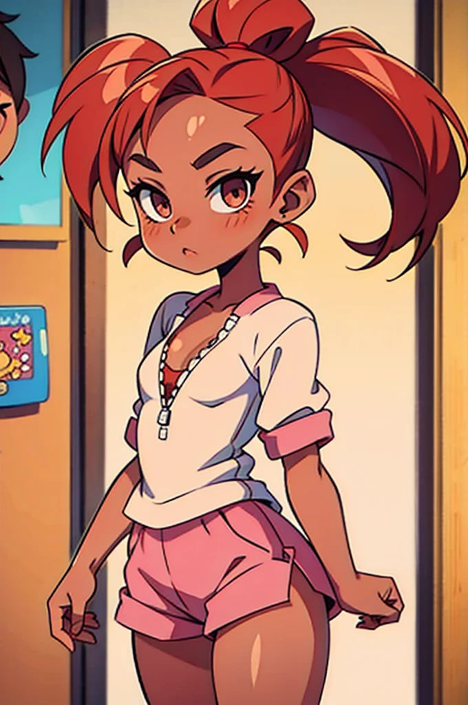 blair, a full girl, hair divided with highlights and a ponytail with a small pink bow holding the ponytail, light wine red hair, light honey eyes, slightly tanned skin, mouth with a light pink lipstick, female nippl