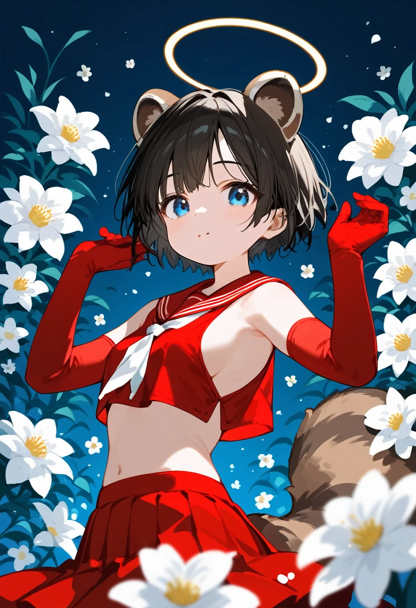 little_girl,cute,tsubaki, blue eyes, black hair, short hair, raccoon ears, halo, red serafuku, crop top, sleeveless, sideboob, midriff, red skirt, pleated skirt, red gloves, elbow gloves, flowers background, white flowers,