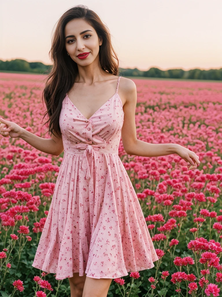 Noura, 1girl, solo, ((Qatari woman)), consistent face and body, ((MILF)), ((30 years old)), (mature), ((slim)), ((Qatari face)), (Qatari nose), (Qatari lips), ((cranky hair)), upper body and upper legs, (background: city flower field at sunset), BREAK, (wearing light-pink printed Flare Dress), smirking, teasing