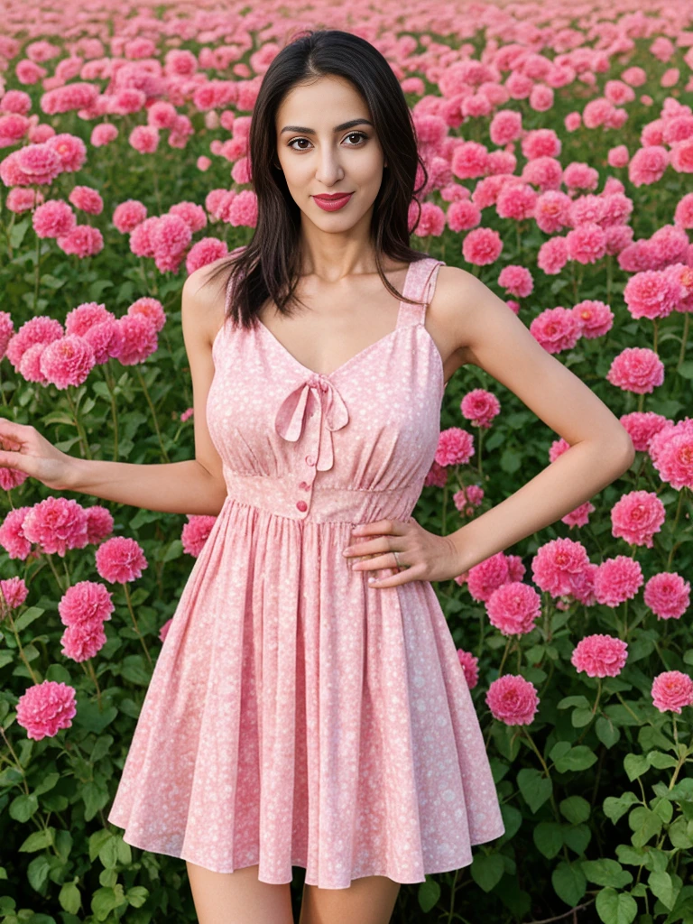 Noura, 1girl, solo, ((Qatari woman)), consistent face and body, ((MILF)), ((30 years old)), (mature), ((slim)), ((Qatari face)), (Qatari nose), (Qatari lips), ((cranky hair)), upper body and upper legs, (background: city flower field at sunset), BREAK, (wearing light-pink printed Flare Dress), smirking, teasing