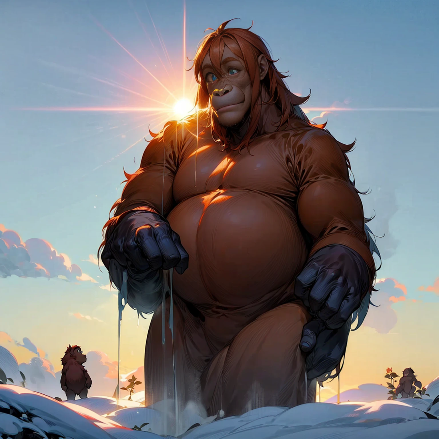 1character, Full body version, orangutan mixed with yak, blue eyes, orangutan head mixed, very fat stomach, largest body, very tall height, tall height 100 feet, Grassroots, full background in snow, In the morning, the silhouette of the sun, the glare of the sun, his eyes shining blue light