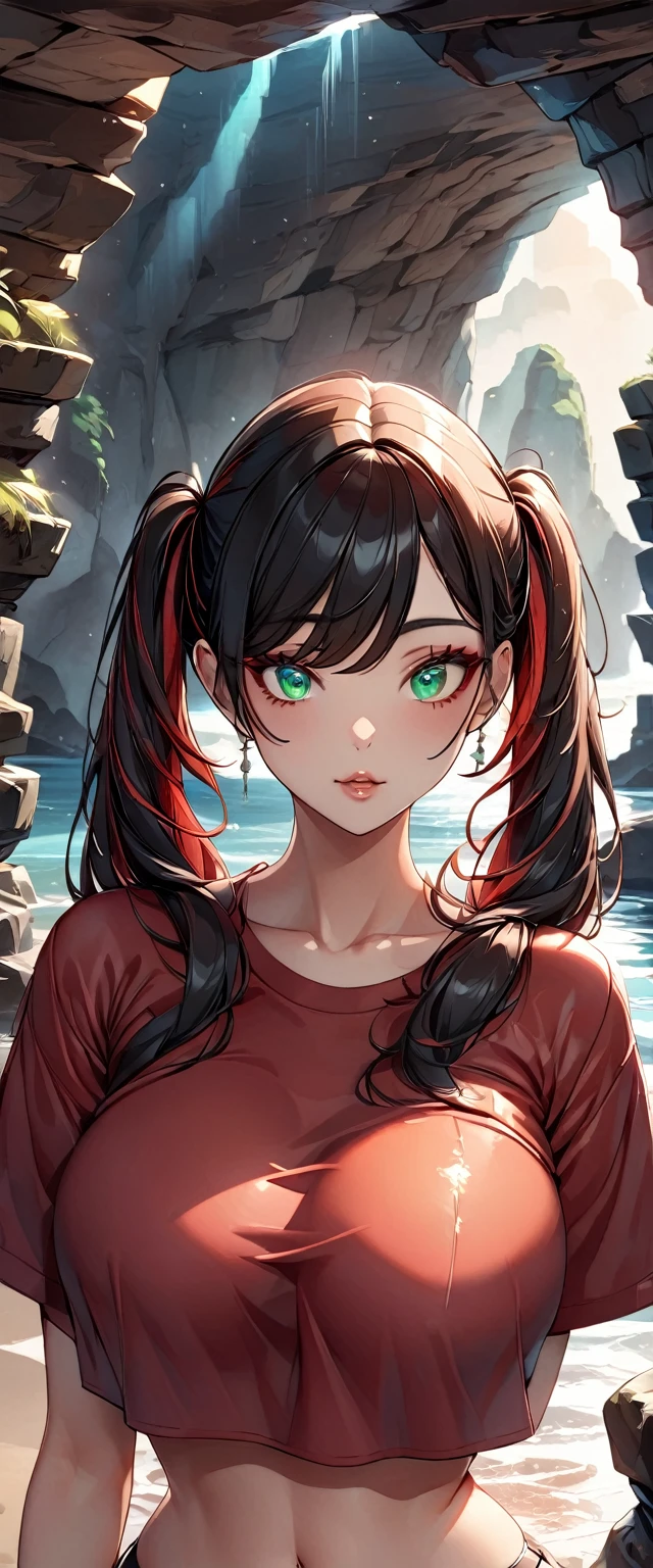 Photo of a woman with natural skin, ((Baby Face)), ((Small face)), A woman wearing mainly black and red, Upper Body, Seaside cave, The light is shining in, High Twintails, Black hair with red mesh, Sharp eyes with red eyeshadow, Big eyes, Blue-green eyes, Shining eyes, A thin, upturned nose, Well-shaped lips, Big Breasts, ((crop top overhang, Thighs, Glamour body)), Makeup, Exquisitely crafted with the utmost attention to detail, Vibrant, amazing, Smooth, Cinematic, 4K, Backlight, (()), Shallow depth of field, ((Detailed eyes:1.3, Detailed lips:1.3, high quality, )), masterpiece, Super detailed images, High quality