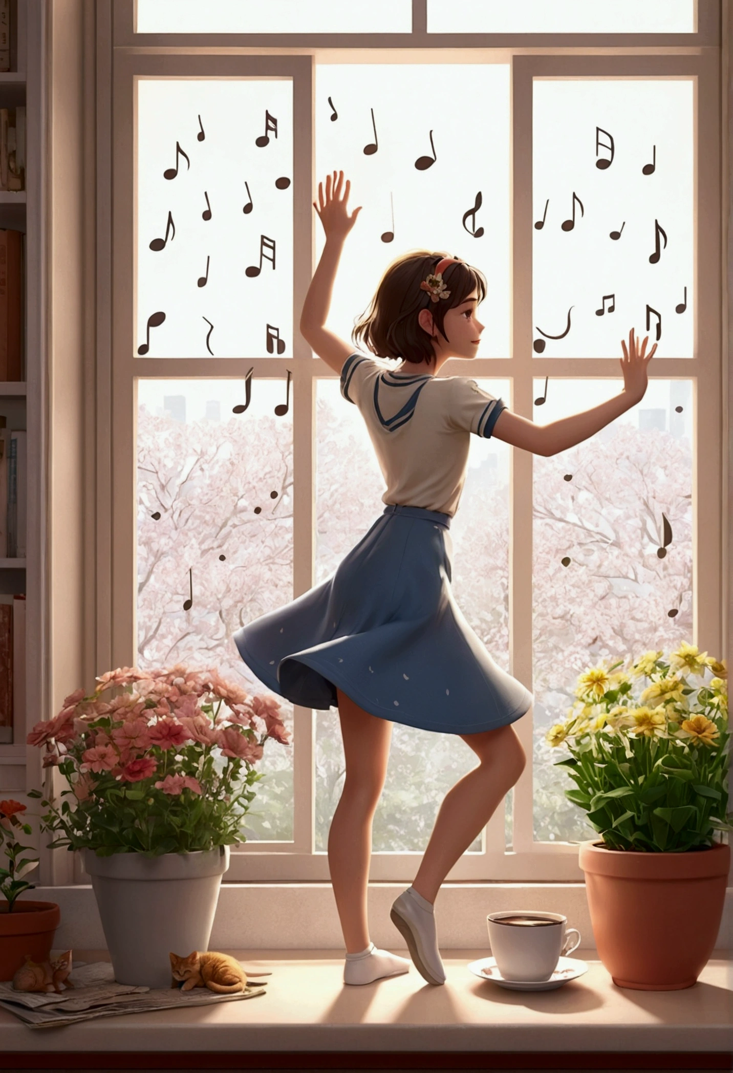 Table Top, Top Quality, Table Top, Top Quality, Official Art, Highly Detailed CG Unity 8K Wallpaper, Subtle Retro Colors, Rice Print Style, Illustration, Cute, One Girl, Flowers, Window, Flowerpot, Coffee Drink,. Lots of illustrations of musical notes on the windowsill.cat,dancing girl，Illustration of musical notes on the windowsill，girl and cat dance