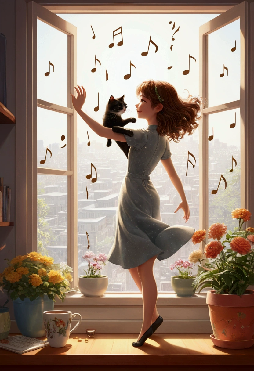 Table Top, Top Quality, Table Top, Top Quality, Official Art, Highly Detailed CG Unity 8K Wallpaper, Subtle Retro Colors, Rice Print Style, Illustration, Cute, One Girl, Flowers, Window, Flowerpot, Coffee Drink,. Lots of illustrations of musical notes on the windowsill.cat,dancing girl,Illustration of musical notes on the windowsill,girl and cat dance