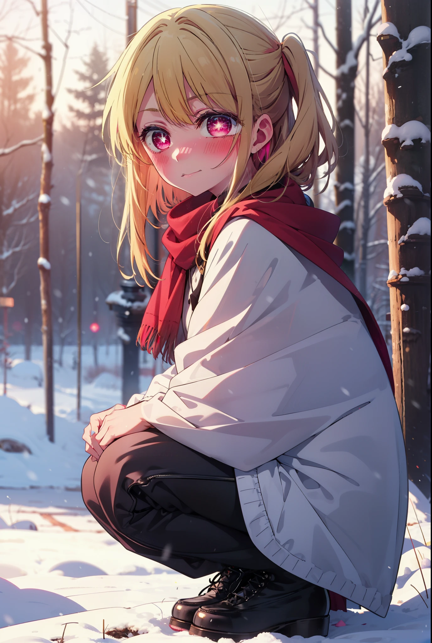 rubyhoshino, Hoshino Ruby, Long Hair, bangs, blonde, (Pink Eyes:1.3), Side Lock, (Symbol-shaped pupil:1.5), Multicolored Hair, Two-tone hair, smile,,smile,blush,white breath,
Open your mouth,snow,Ground bonfire, Outdoor, boots, snowing, From the side, wood, suitcase, Cape, Blurred, , forest, White handbag, nature,  Squat, Mouth closed, Cape, winter, Written boundary depth, Black shoes, red Cape break looking at viewer, Upper Body, whole body, break Outdoor, forest, nature, break (masterpiece:1.2), Highest quality, High resolution, unity 8k wallpaper, (shape:0.8), (Beautiful and beautiful eyes:1.6), Highly detailed face, Perfect lighting, Highly detailed CG, (Perfect hands, Perfect Anatomy),