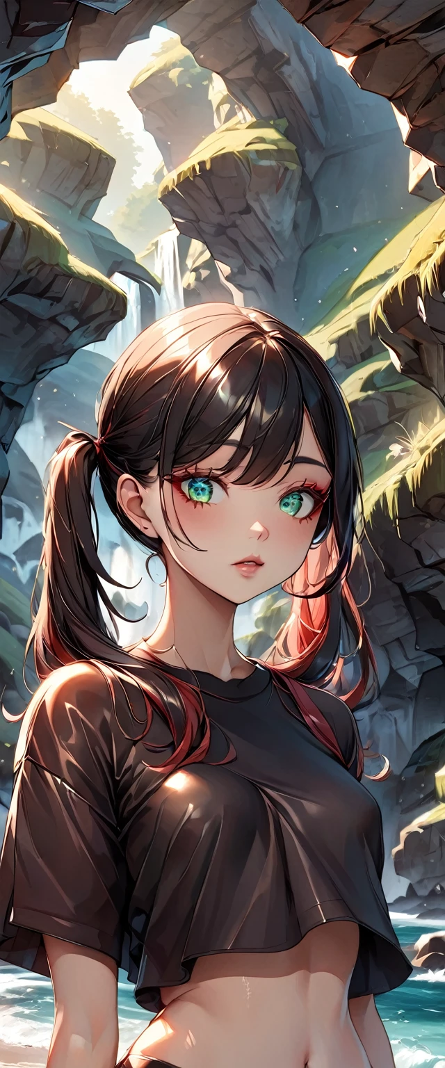 Photo of a woman with natural skin, (()), Small face, A woman wearing mainly black and red, Upper Body, Seaside cave, The light is shining in, High Twintails, Black hair with red mesh, Sharp eyes with red eyeshadow, Blue-green eyes, Shining eyes, A thin, upturned nose, Well-shaped lips, Small breasts, ((crop top overhang, Thighs, Glamour body)), Makeup, Exquisitely crafted with the utmost attention to detail, Vibrant, amazing, Smooth, Cinematic, 4K, Backlight, (()), Shallow depth of field, ((Detailed eyes:1.3, Detailed lips:1.3, high quality, )), masterpiece, Super detailed images, High quality