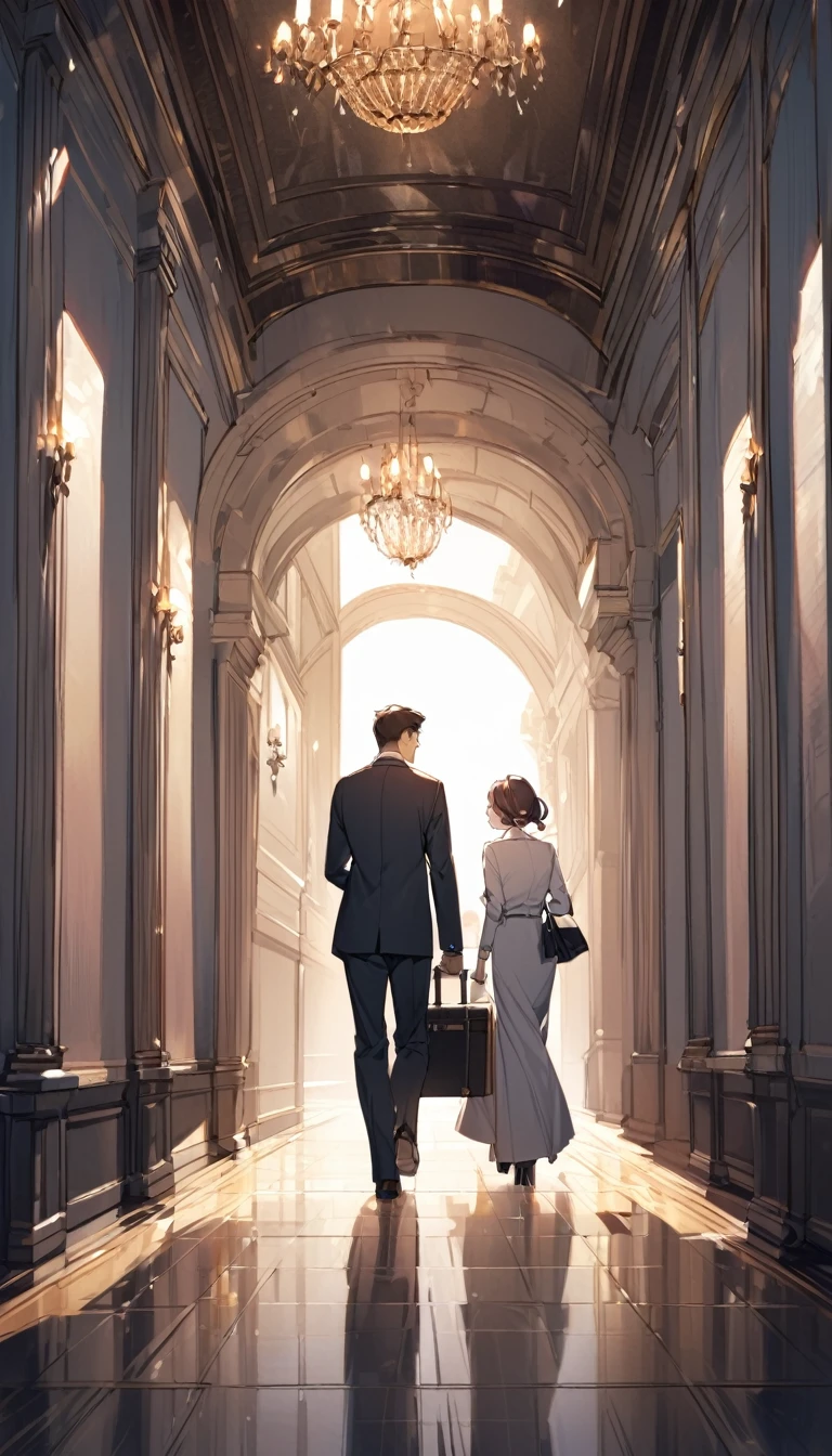 A thick wall in the middle,A man and a woman。The man wears a suit,Woman pulling a suitcase