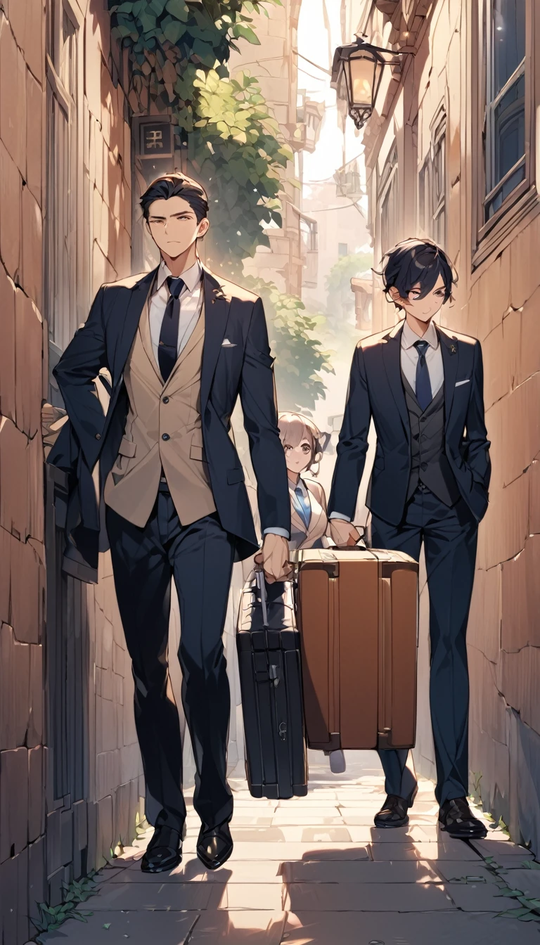 A thick wall in the middle,A man and a woman。The man wears a suit,Woman pulling a suitcase