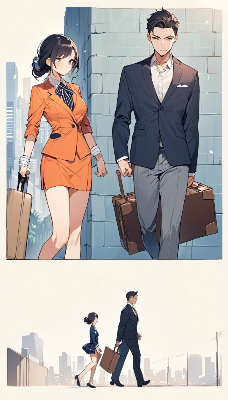 A thick wall in the middle,A man and a woman。The man wears a suit,Woman pulling a suitcase
