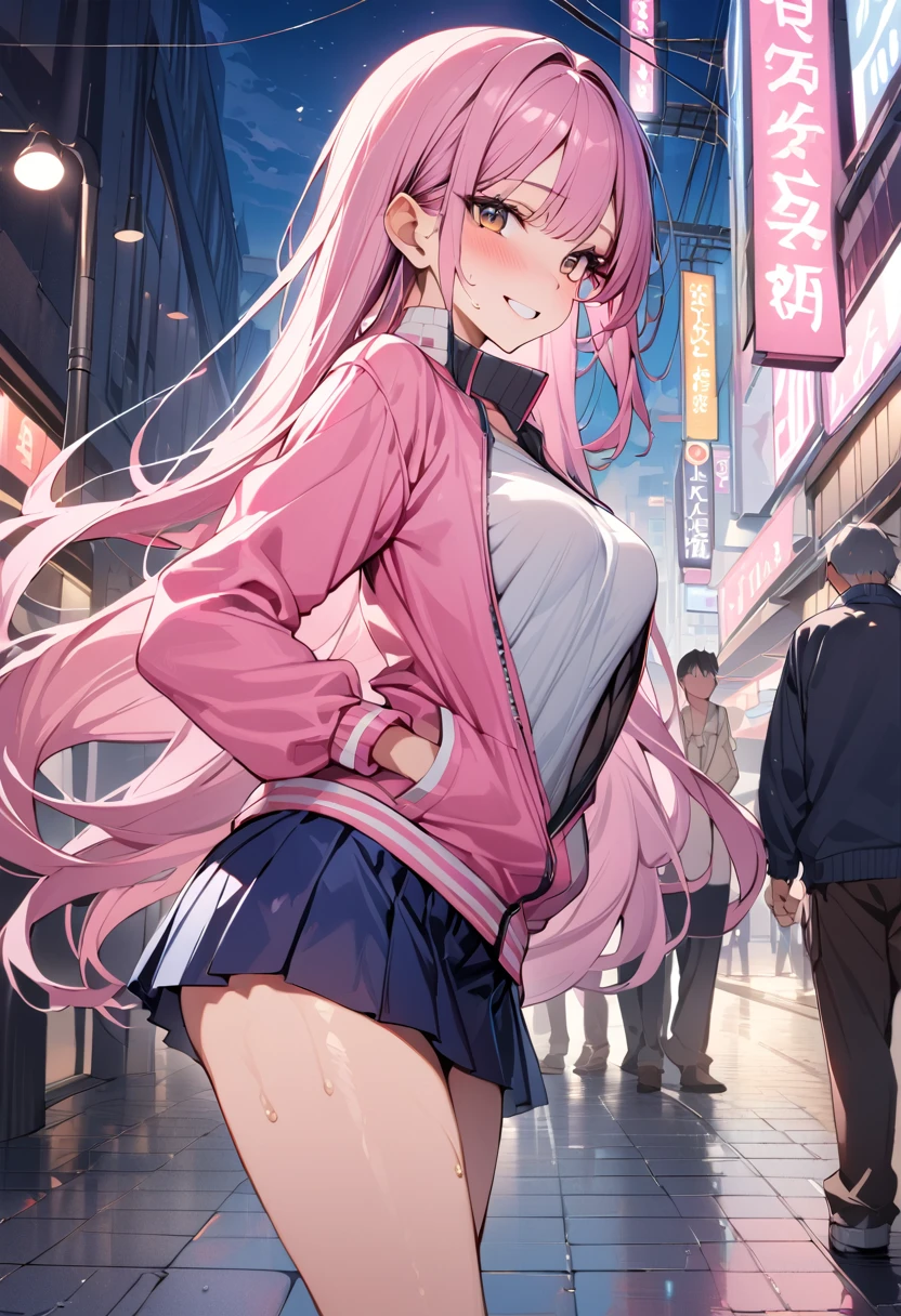 ((masterpiece,Highest quality:1.3,best quality illustration)),cowboy shot,独奏,1woman,(Mature Beauty),pink hair,straight long hair,bangs,brown eyes,(gorgeous eyes),((very small head)),fun,smile,((very long body,skinny)),medium breasts,((Pink baseball jacket、Navy blue pleated mini skirt)),gleaming skin,oily skin,slender body,sweat,standing,on street,Shibuya Station、