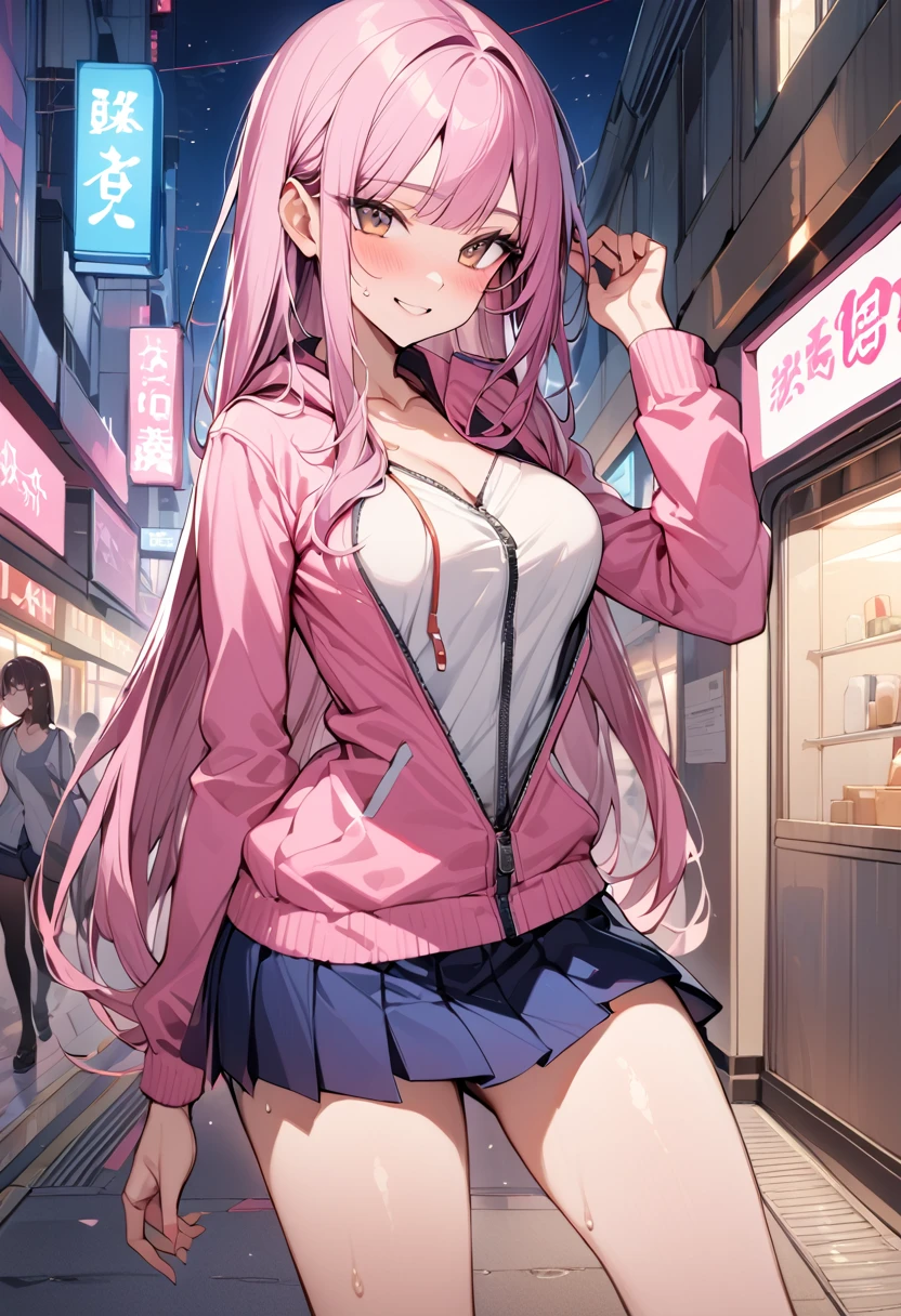 ((masterpiece,Highest quality:1.3,best quality illustration)),cowboy shot,独奏,1woman,(Mature Beauty),pink hair,straight long hair,bangs,brown eyes,(gorgeous eyes),((very small head)),fun,smile,((very long body,skinny)),medium breasts,((Pink baseball jacket、Navy blue pleated mini skirt)),gleaming skin,oily skin,slender body,sweat,standing,on street,Shibuya Station、