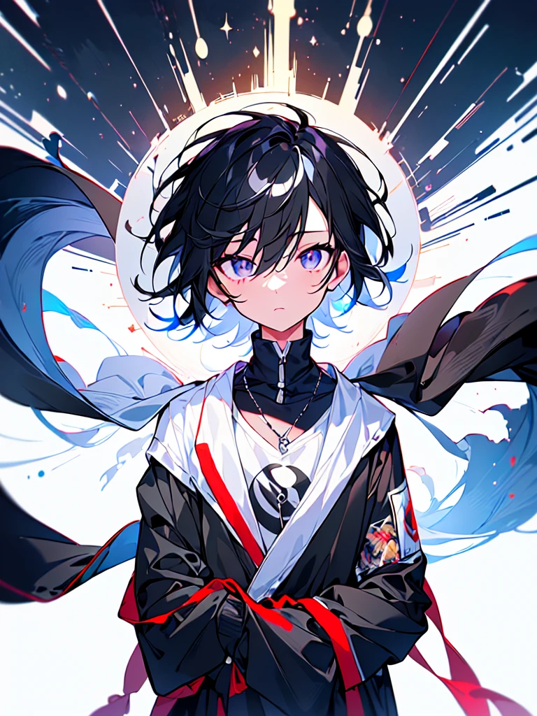 [(WHITE BACKGROUND:1.5),::5], ((((masterpiece)))), high quality, ultra very high resolution, full color, (((solo))), ((little boy)), Black hair, ((White streaked hair)), (Black eyes), anime, ((upper body)), black parka, 