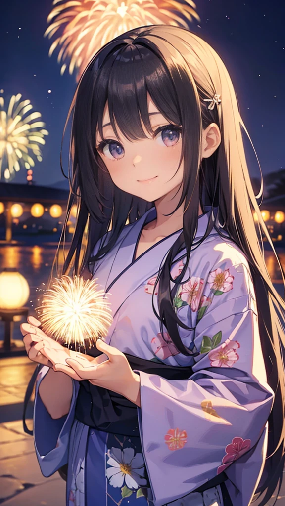 very cute、11 years old、girl、Long Straight Hair、Beautiful yukata、Night Sky、Countless fireworks、smile、