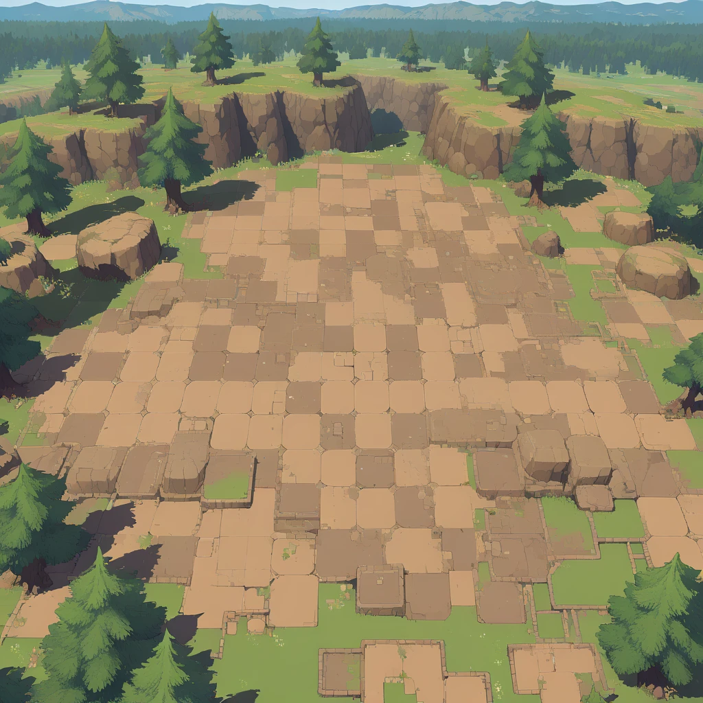 retro video game style,pixelated, vibrant pastel colors,8-bit characters,blocky shapes,sharp lines,detailed shading,classic gaming vibe,nostalgic atmosphere,classic arcade games,masterpiece:1.2,ultra-detailed,illustration style, 2d texture, stone texture, 4 k seamless mud texture, video game texture, dirt texture, tileset, game tiles, grass, 3/4th perspective trees, 3/4th perspective tileable rock texture, 3/4th perspective tileable cliff formations, tileable trees, topdown view, game texture, game art, tileable texture, very detailed cliff texture, intricate stones, top down view, 3/4th perspective, arena tiles, tiles, tileable tiles