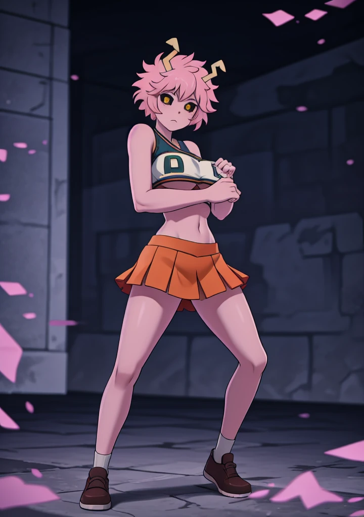 mina ashido, 1girl, solo, looking at viewer, short hair, simple background, yellow eyes, pink hair, horns, colored skin, colored sclera, black sclera, pink skin, U.A. CheerUniform, orange skirt, cheerleader, ((bare belly)), perfect shading, bare shoulders, big breasts