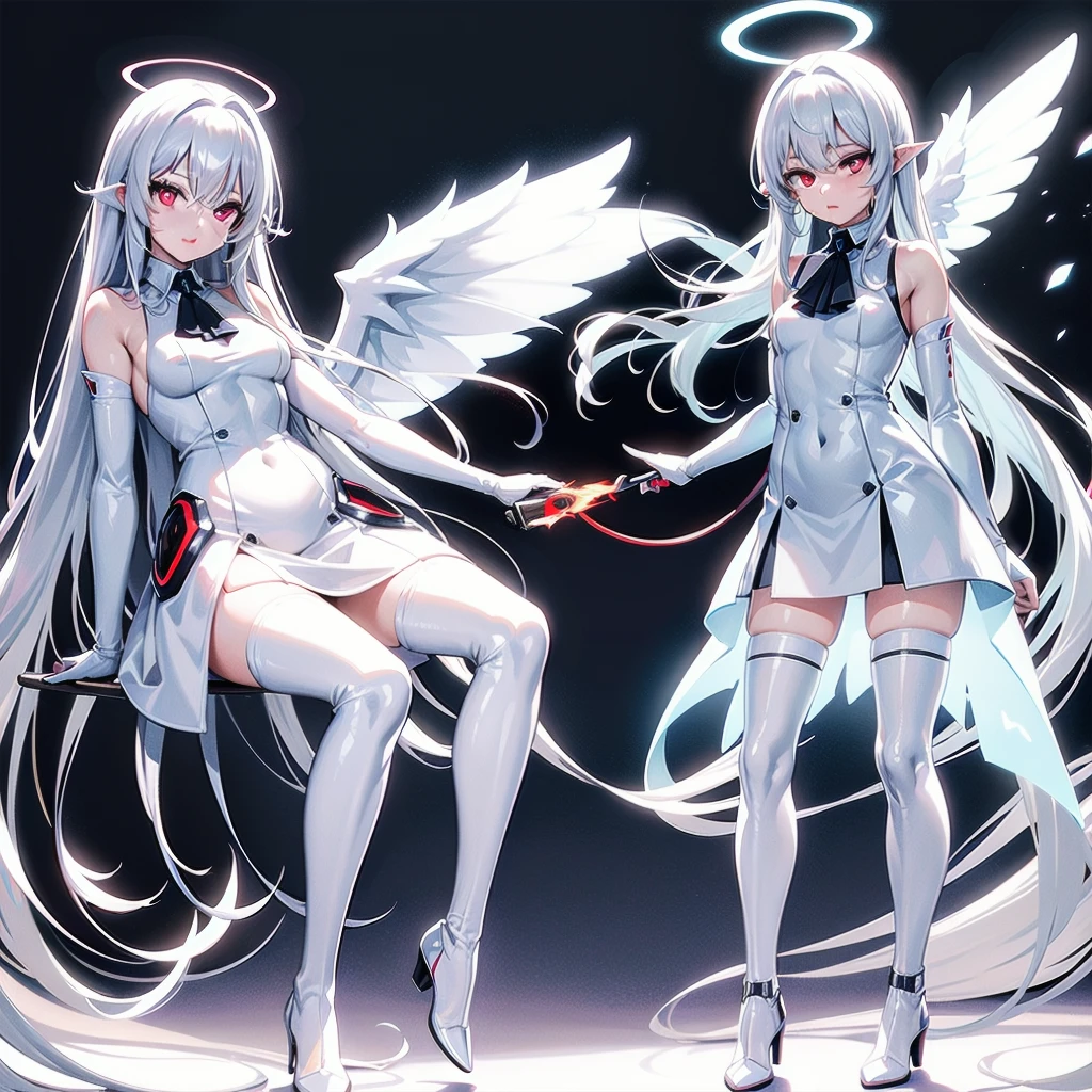 masterpiece, highest quality, highest resolution, clear_image, detailed details, white hair, long hair, 1 girl, car ears, red eyes, futuristic wings (12 wings), futuristic halo, white sci fi mecha dress, white scarf (around the neck with a light blue glow), white pantyhose, full body, no water marks, city, no extra limbs, no extra body