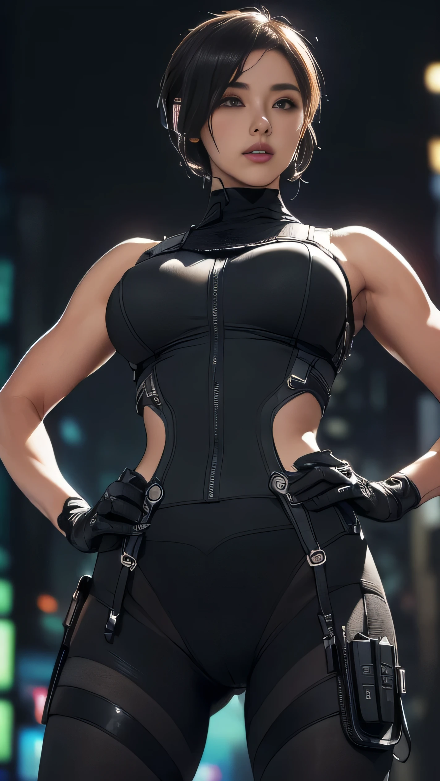 (A woman),(((Future female police officer standing))),((Black tactical tights:1.5)),((Camel toe:1.5)),((earphone:1.5)),((Tactical Holster:1.5)),(Gloves:1.5),(((Hands on Hips:1.5))),(front:1.5),(From below:1.2),(Super short hair:1.5),(bionde:1.5),(beautiful eyes:1.3),(Very detailedな顔:1.5),((Very detailed drawing of a female hand:1.5)),((muscular:1.5)),(Sexy look:1.5),((Thick thighs:1.5)),(Beautiful Body:1.5),((Very sensual:1.5)),(The backdrop is a futuristic city:1.5),(Cyberpunk atmosphere:1.5),(((Blurred Background:1.5))),(Written border depth:1.5),rest(((masterpiece:1.5),(best quality:1.5),(Very detailed:1.5),(high resolution:1.5),(Practical:1.5),(Practical:1.5),(Delicate depiction),(Carefully drawn))),8k,wallpaper