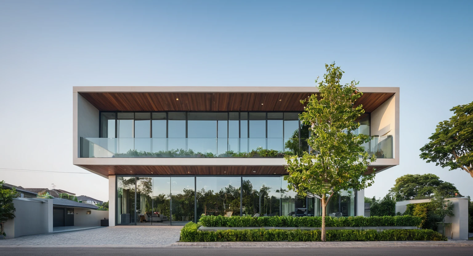 RAW photo, Masterpiece, (high quality:1.1), (masterpiece, best quality:1.5), best quality, (authentic:1.5), (super detail:1.7), House 01., outdoors, sky, tree, no humans, window, plant, ground vehicle, building, scenery, motor vehicle, car, road, vehicle focus, street, exterior, green buildings in street, railing glass, glass windows, roof, ark, facade, modern style, martix, beautiful, architectural rendering, movie light scene, high resolution, realistic, 8k uhd, dslr, soft lighting, high quality, film grain, Fujifilm XT3