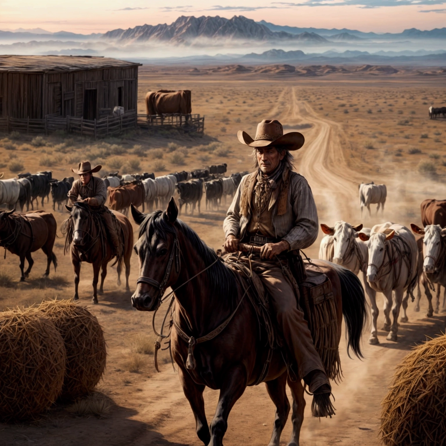 Photos of cattle drives and cowboys on horseback,
Wild West,Detailed,Several cowboys surrounding a cattle drive,
(Tumbleweed:1.2),
reality,live-action,Photorealistic,
masterpiece,Highest quality,8k,High resolution,Raw photo,Professional photography techniques,