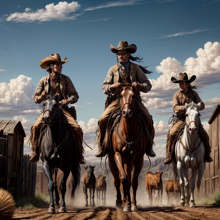 Photos of cattle drives and cowboys on horseback,
Wild West,Detailed,Several cowboys surrounding a cattle drive,
(Tumbleweed:1.2),
reality,live-action,Photorealistic,
masterpiece,Highest quality,8k,High resolution,Raw photo,Professional photography techniques,
