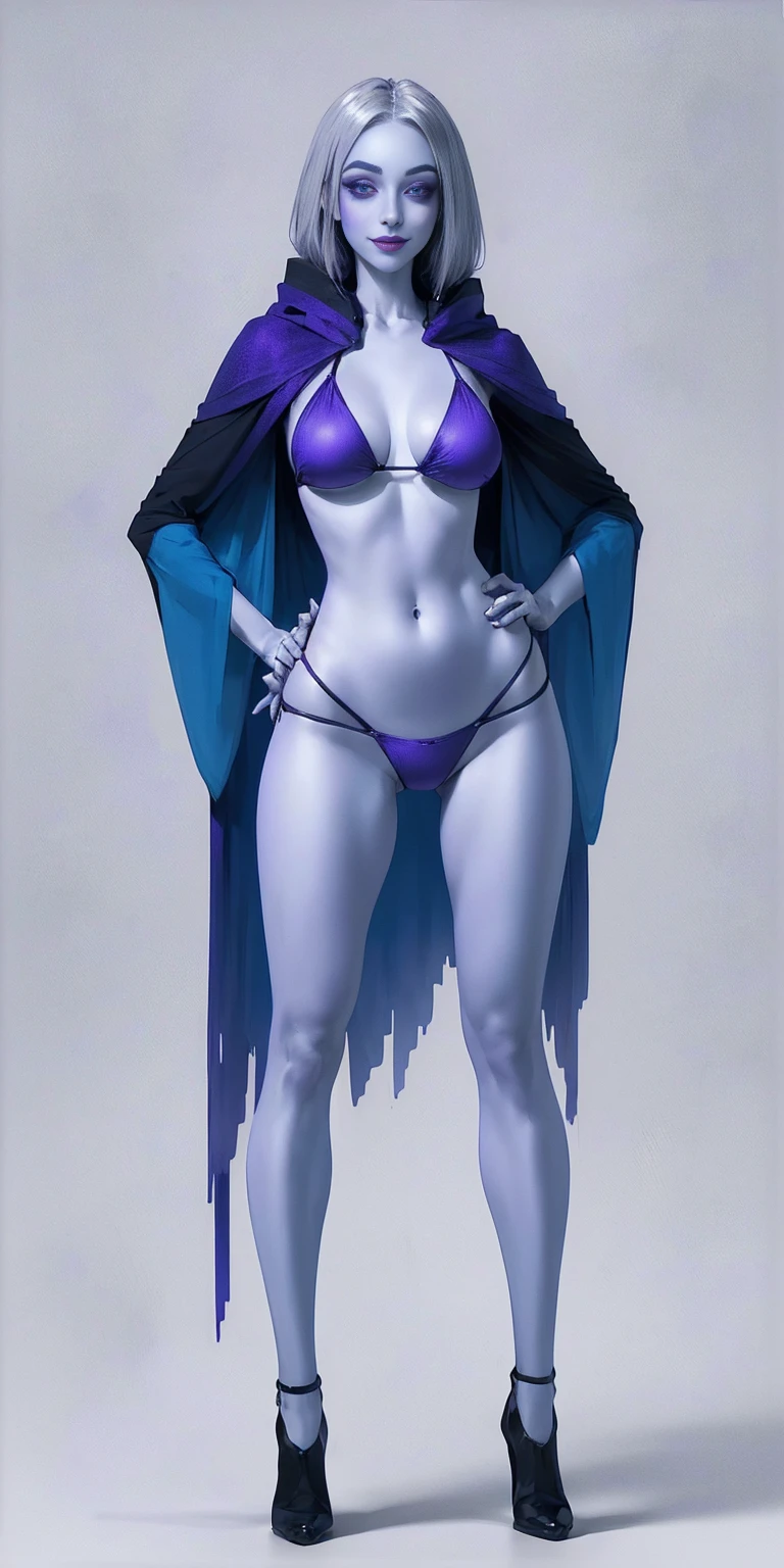 (1solofemale full body purple bikini standing straight symmetrical, hands on hips) (smile purple makeup) grayscale skin, pale hair and violet eyes. She prefer clothing of white and silver with cloaks of deep blue or purple, blue or purple background (Masterpiece, highres, 4k, very precise detailed)