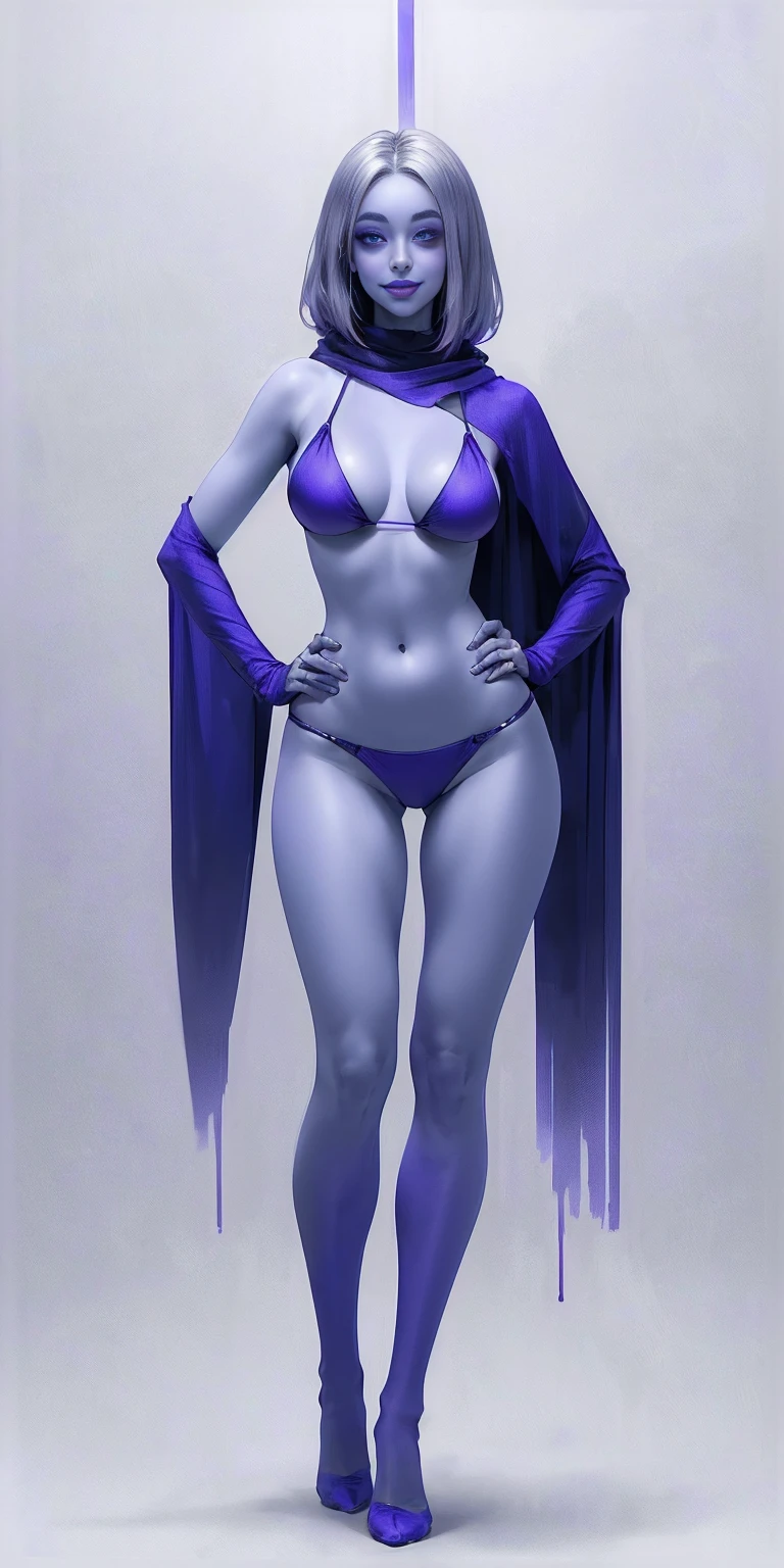 (1solofemale full body purple bikini standing straight symmetrical, hands on hips) (smile purple makeup) grayscale skin, pale hair and violet eyes. She prefer clothing of white and silver with cloaks of deep blue or purple, blue or purple background (Masterpiece, highres, 4k, very precise detailed)