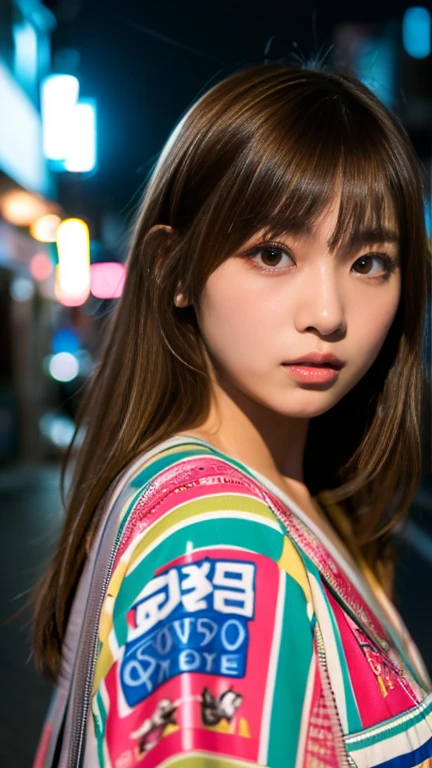 Girl with a flamboyant appearance and rebellious attitude, Japanese yankee, lone girl, bright and loud patterned clothes, extremely short skirt, gal style with emphasis on cuteness, light brown hair, thick eyeliner and flashy colored eye shadow, false eyelashes to make eyes look bigger and more impressive, dark makeup all around Hakodate seaside townscape background, evening, sunset