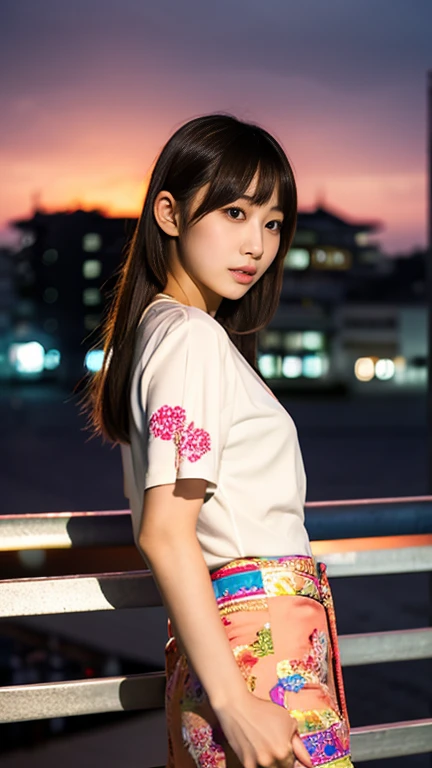 Girl with a flamboyant appearance and rebellious attitude, Japanese yankee, lone girl, bright and loud patterned clothes, extremely short skirt, gal style with emphasis on cuteness, light brown hair, thick eyeliner and flashy colored eye shadow, false eyelashes to make eyes look bigger and more impressive, dark makeup all around Hakodate seaside townscape background, evening, sunset