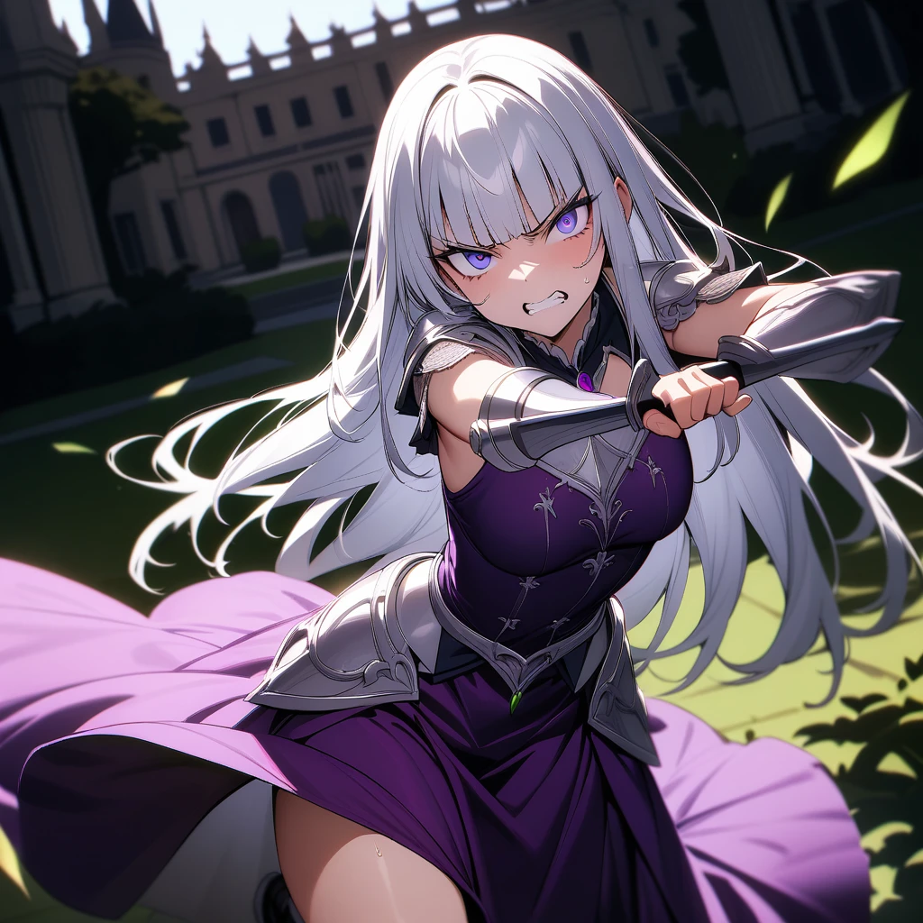 (masterpiece),(best quality),very aesthetic,(ultra-detailed),high saturation,nsfw,1girl,16yo,slender,long hair,silver hair,straight hair,(blunt bangs),dark blue alluring eyes,glaring,clenching teeth,indomitable spirit,excited,painful,incoming attack,assaulting,standing,on one knee,An elegant and sophisticated outfit perfect for a party, featuring a purple velvet dress with green lace accents,long sleeves,White silver gauntlet,Shoulder brace of silver armor,Boots of silver armor,Provocative,fighting stance,holding a hatchet,Gardens of an aristocratic mansion,hair flutter in the wind,looking at viewer,cowboy shot